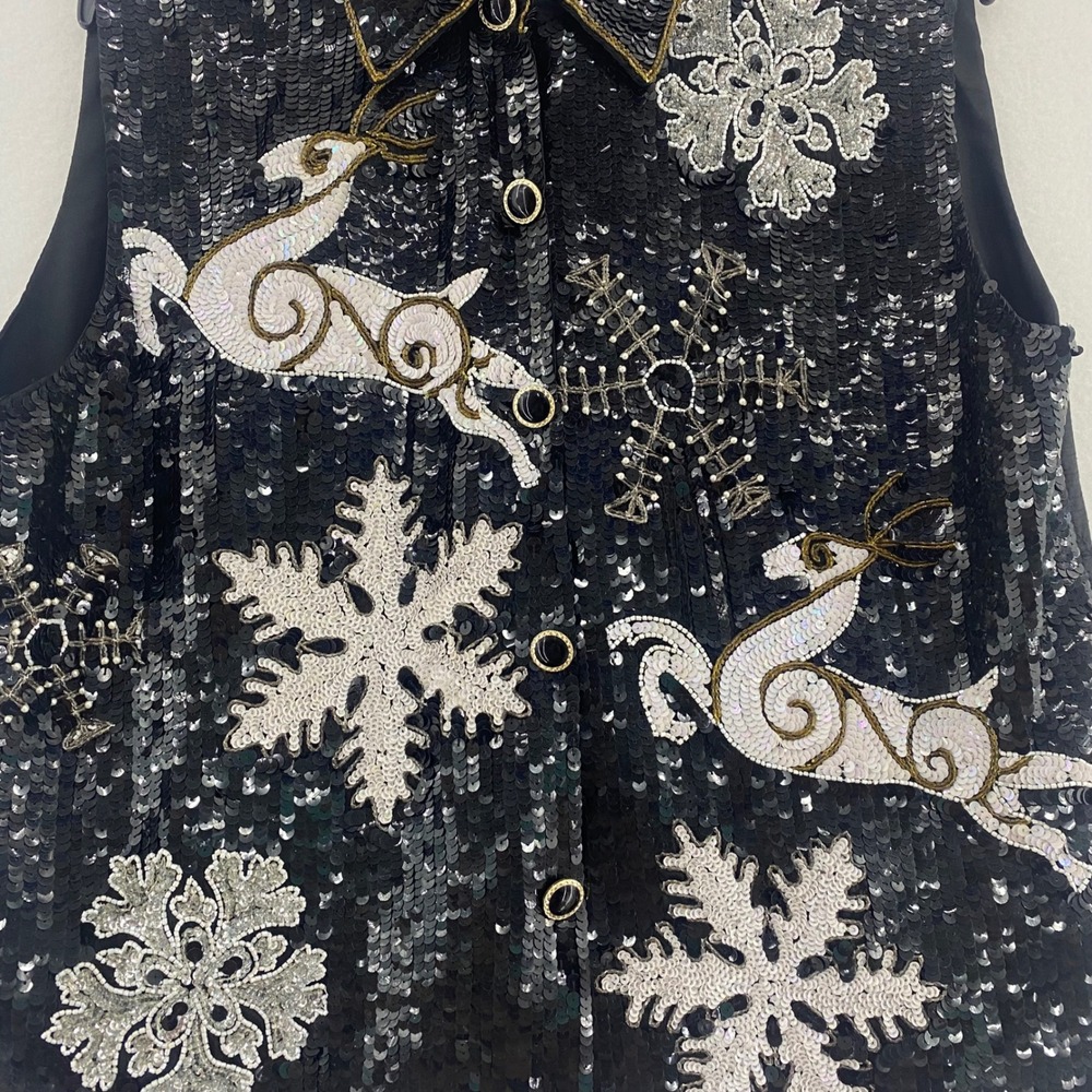 MODI M‎ Black Silk Sequin Vest Beaded Holiday Reindeer Snowflake Embellished